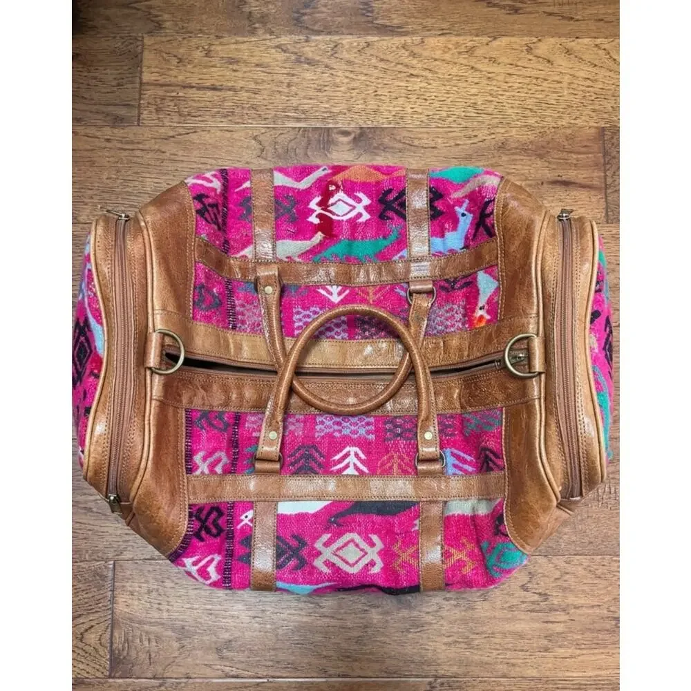One-of-a-Kind Huipil & Full-Grain Leather Convertible Travel Duffel Bag